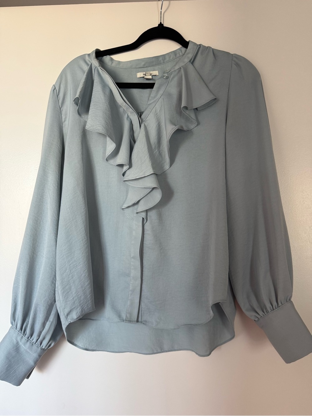 RW & Co Light Blue Ruffle V-Neck Blouse - Women